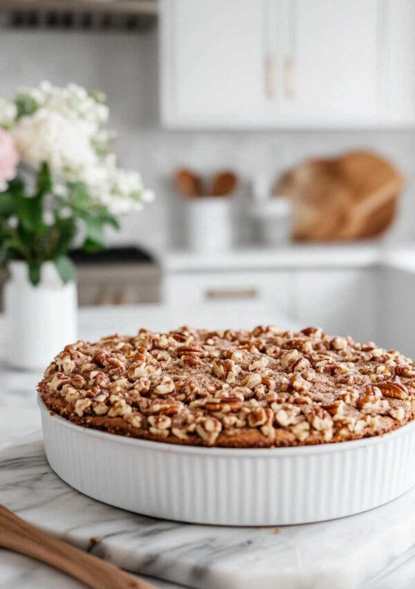 Your family will love this old fashioned coffee cake recipe infused with sour cream, cinnamon, and a crumbly pecan topping. Perfect for breakfast, brunch, snacks, or dessert - jane at home