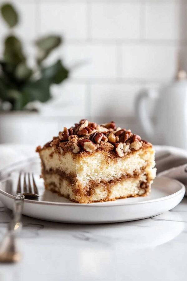 Your family will love this old fashioned coffee cake recipe infused with sour cream, cinnamon, and a crumbly pecan topping. Perfect for breakfast, brunch, snacks, or dessert - jane at home