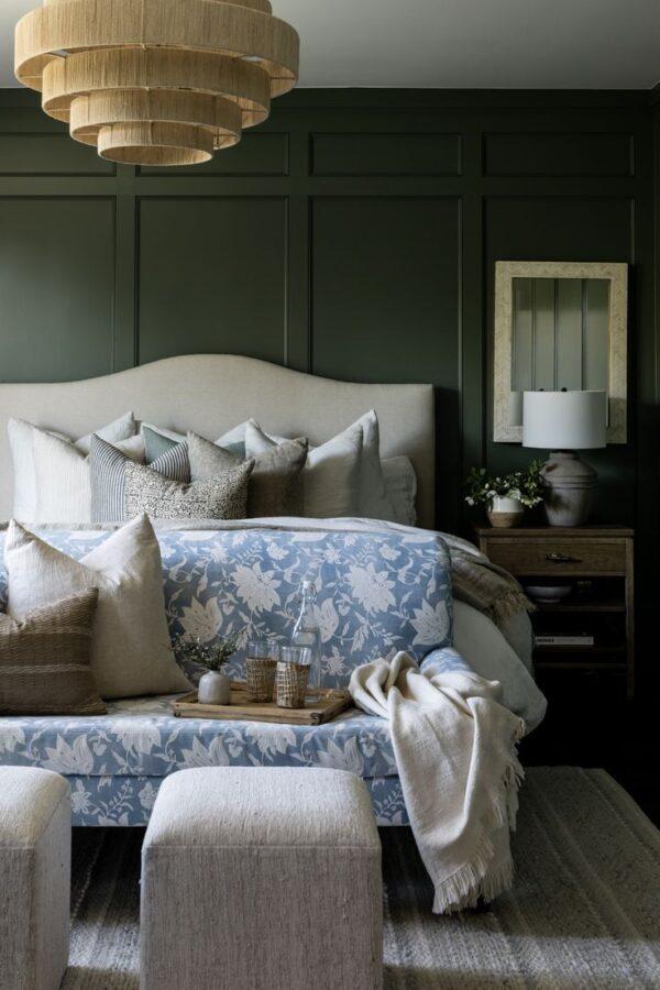 Beautiful moody green bedroom with blue accents - pure salt interiors