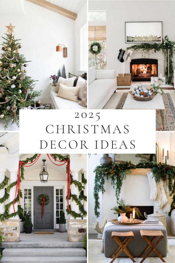 Modern Christmas decorations with emerald and gold ornaments, mantel decor, front porch inspiration, and warm white string lights in a cozy home