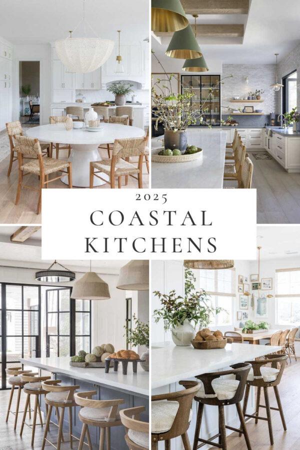 Beautiful coastal kitchen ideas and trends for 2025, with lighting, cabinet colors, backsplash ideas, white oak and white kitchens, California casual style, modern beach house kitchen decor, remodel inspiration, and more!