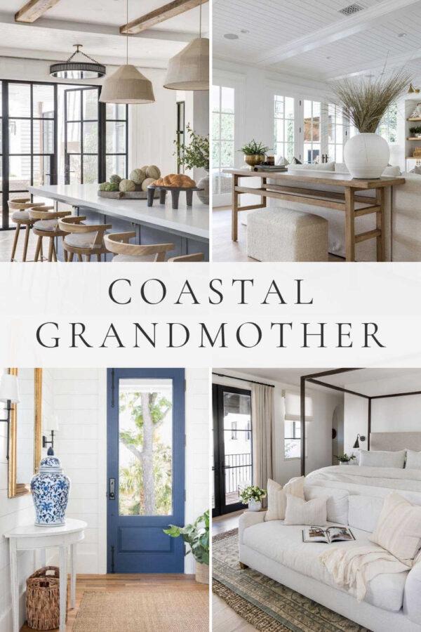 A look at coastal grandmother style interiors, with decor ideas and inspiration for bringing a chic Nancy Meyers inspired coastal grandma aesthetic to your living room, bedroom, kitchen, and home in 2025!