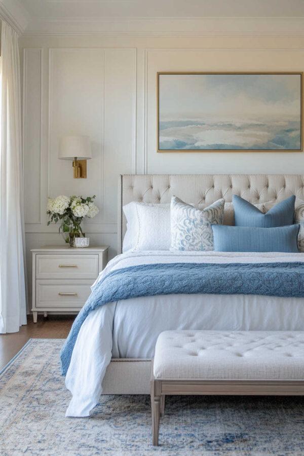 Stunning blue bedroom ideas and inspiration, with light blue bedrooms, navy blue spaces, blue and white bedrooms, small rooms, luxurious master bedrooms, modern coastal decor, and designer tips to create a cozy and stylish retreat - Jane at Home