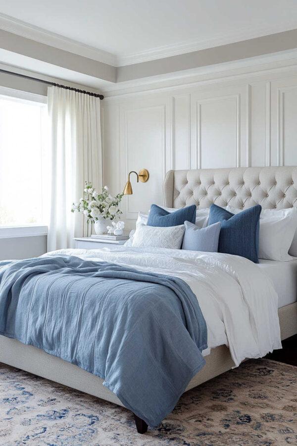 Beautiful blue bedroom ideas and inspiration, with light blue bedrooms, navy blue spaces, blue and white bedrooms, small rooms, luxurious master bedrooms, modern coastal decor, and designer tips for a cozy and stylish space