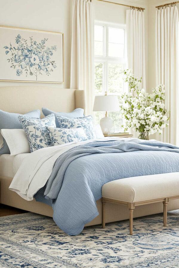 Stunning blue bedroom ideas and inspiration, with light blue bedrooms, navy blue spaces, blue and white bedrooms, small rooms, luxurious master bedrooms, modern coastal decor, and designer tips to create a cozy and stylish retreat - Jane at Home