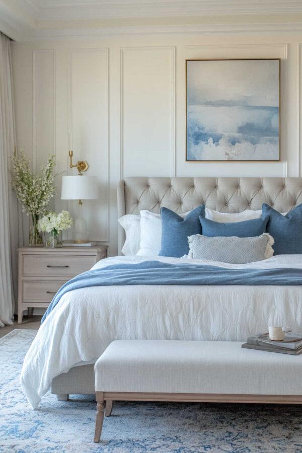 Beautiful blue bedroom ideas and inspiration, with light blue bedrooms, navy blue spaces, blue and white bedrooms, small rooms, luxurious master bedrooms, modern coastal decor, and designer tips for a cozy and stylish space