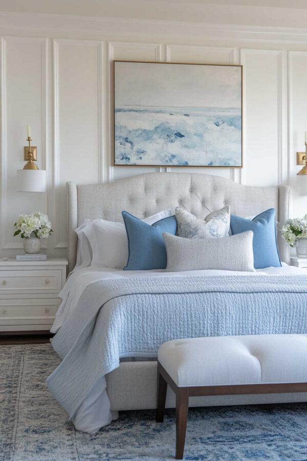 Beautiful blue bedroom ideas and inspiration, with light blue bedrooms, navy blue spaces, blue and white bedrooms, small rooms, luxurious master bedrooms, modern coastal decor, and designer tips for a cozy and stylish space