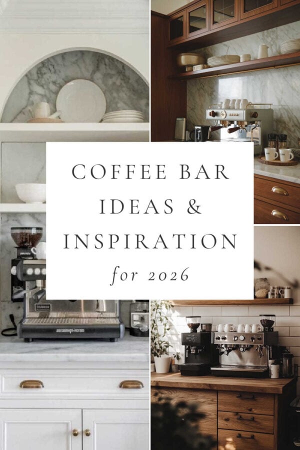Beautiful coffee bar ideas and trends for 2026, with beverage stations, open shelving, decor, colors, backsplash ideas, small kitchen ideas, remodel inspiration, timeless warm white kitchens, modern farmhouse style, dream kitchen pantry inspiration, and more!
