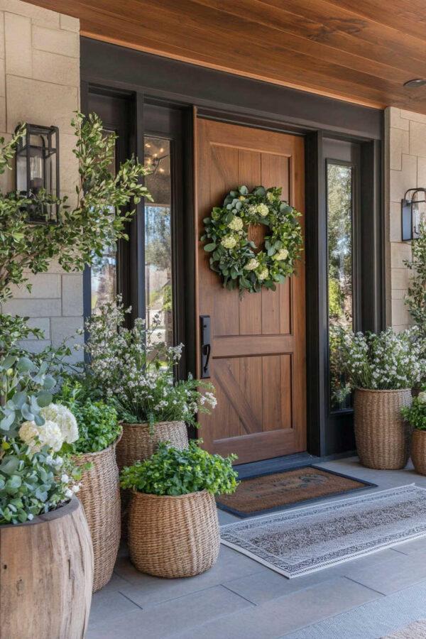 Beautiful front porch decor ideas for spring and summer 2025, with flower pots and filled urns, modern porch decor, front garden borders, front yard landscaping, hydrangeas, boxwood topiaries, outdoor ideas, bushes in front of the house, flower beds, front porch steps, and more - jane at home