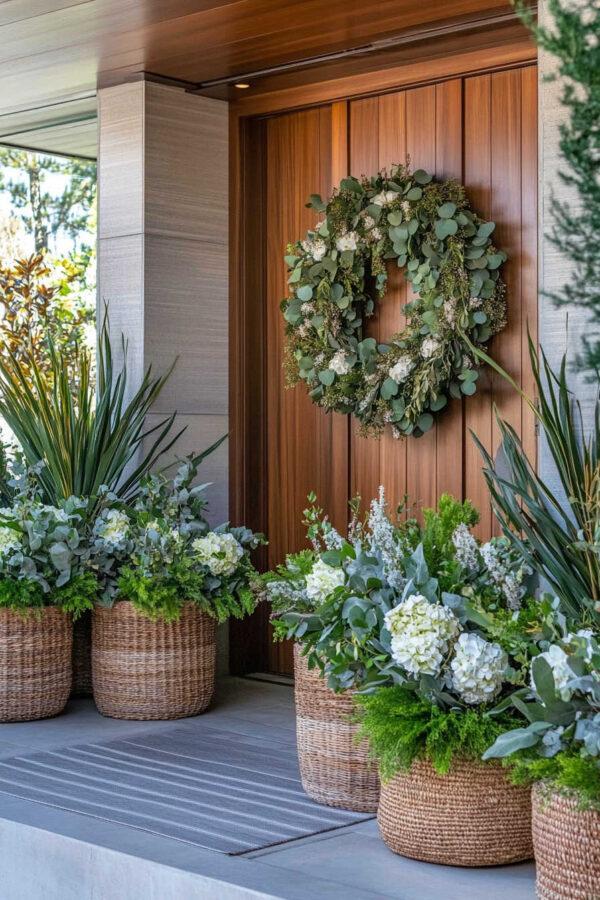 Beautiful front porch decor ideas for spring and summer 2025, with flower pots and filled urns, modern porch decor, front garden borders, front yard landscaping, hydrangeas, boxwood topiaries, outdoor ideas, bushes in front of the house, flower beds, front porch steps, and more - jane at home