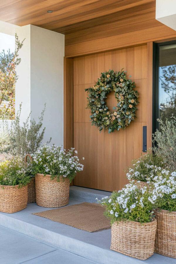 Beautiful front porch decor ideas for spring and summer 2025, with flower pots and filled urns, modern porch decor, front garden borders, front yard landscaping, hydrangeas, boxwood topiaries, outdoor ideas, bushes in front of the house, flower beds, front porch steps, and more - jane at home