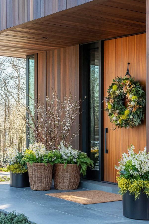 Beautiful front porch decor ideas for spring and summer 2025, with flower pots and filled urns, modern porch decor, front garden borders, front yard landscaping, hydrangeas, boxwood topiaries, outdoor ideas, bushes in front of the house, flower beds, front porch steps, and more - jane at home