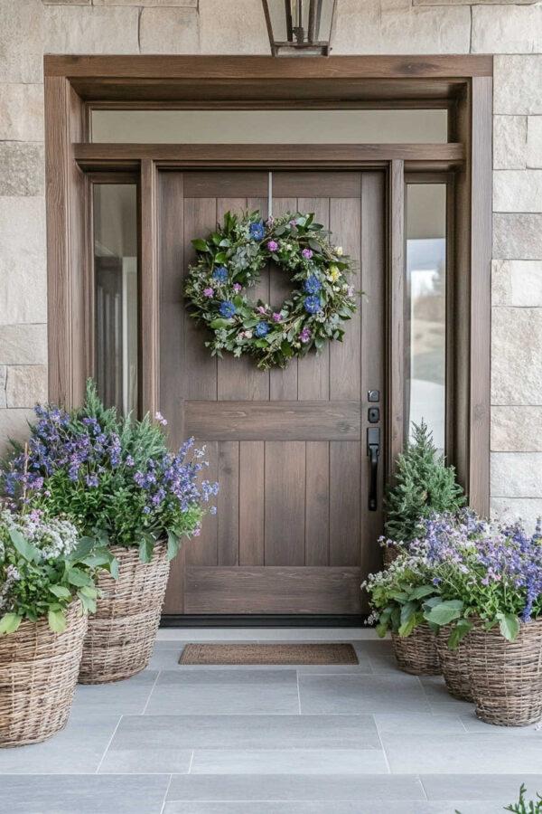 Beautiful front porch decor ideas for spring and summer 2025, with flower pots and filled urns, modern porch decor, front garden borders, front yard landscaping, hydrangeas, boxwood topiaries, outdoor ideas, bushes in front of the house, flower beds, front porch steps, and more