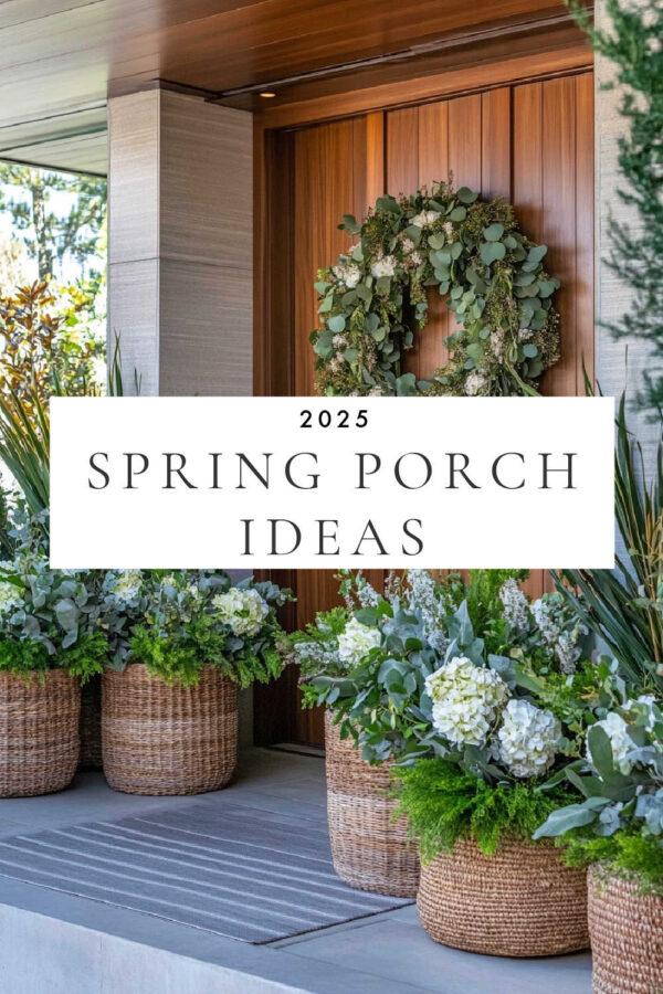 Beautiful front porch ideas for spring and summer 2025, with flower pots, tall planters, decor, wreaths, haint blue porch ceilings, and outdoor ideas to bring a welcoming touch to your front door, entry, and home!