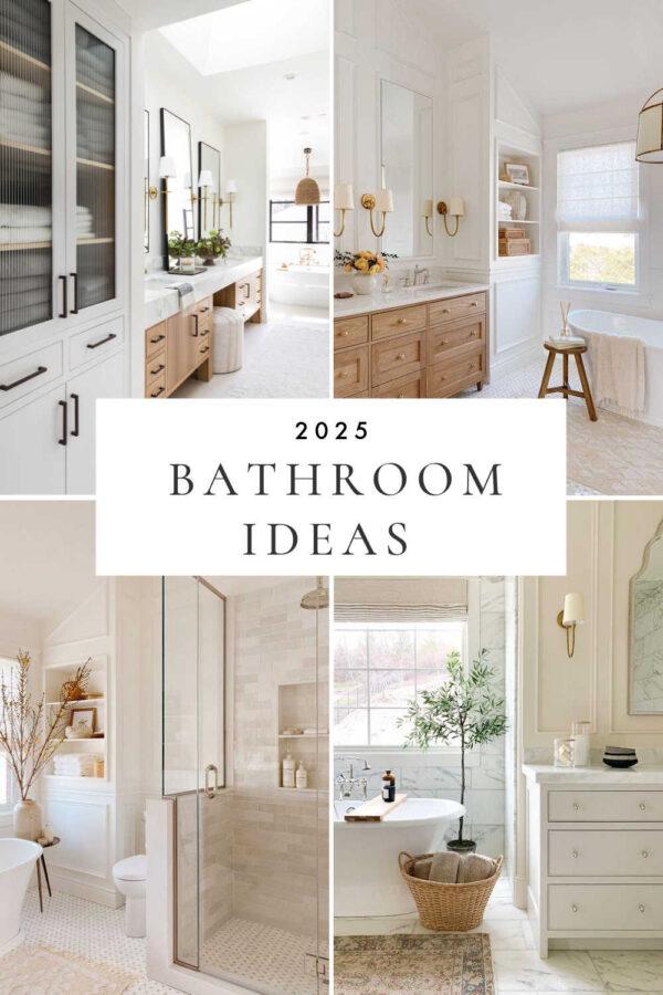 Beautiful bathroom decor and design ideas for 2025, with master and small bathroom designs, decor ideas, warm white bathrooms, vanity colors, bathroom remodel inspiration, kids and guest bathrooms, modern coastal interior design, aesthetic powder room ideas, shower tile ideas, narrow bathroom layouts, and more!