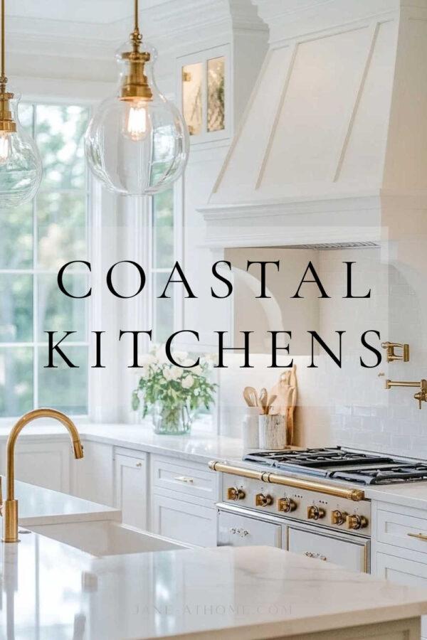 Timeless coastal kitchen ideas and decor trends for 2025, with two tone cabinets, small kitchen ideas, lighting, cabinet colors, backsplash ideas, decor, warm white kitchens, California casual, beach house, and Hamptons style kitchens, kitchen remodel inspiration, and more!
