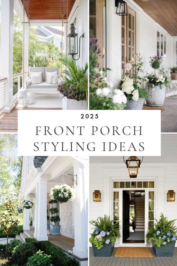 Beautiful front porch styling ideas for 2025, with planters and flower pots, modern porch decor, front garden borders, window boxes, boxwood topiaries, budget outdoor ideas, bushes in front of the house, flower beds, front porch steps, covered back patio and porch ideas, farmhouse front porch ideas, and more!
