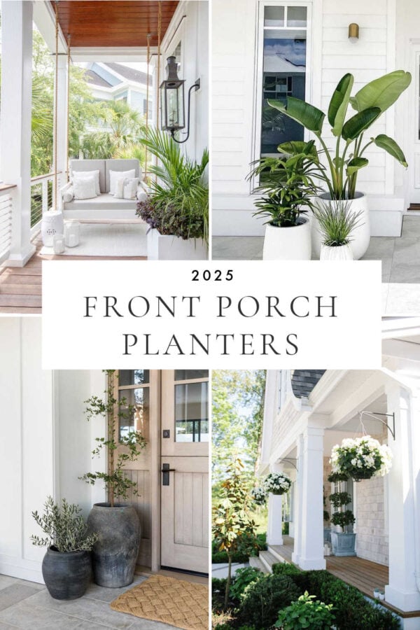 Beautiful front porch styling ideas for 2025, with planters and flower pots, modern porch decor, front garden borders, window boxes, boxwood topiaries, budget outdoor ideas, bushes in front of the house, flower beds, front porch steps, covered back patio and porch ideas, farmhouse front porch ideas, and more!
