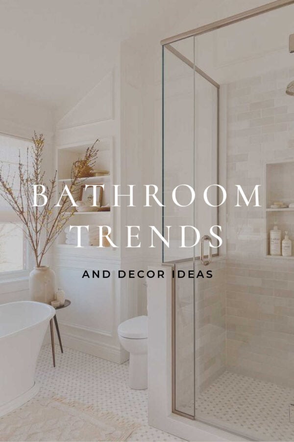 A look at bathroom trends and design ideas for 2025, with beautiful master bathrooms, small full bathroom inspiration, powder rooms, bathroom decor, warm white bathrooms, vanity cabinets, color trends, lighting, trendy bathroom shower tile, mixed metals, and more!