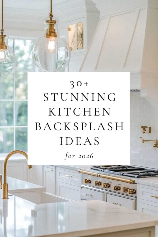 Beautiful kitchen backsplash ideas for warm white cabinets, blue cabinets, and white oak cabinets, stone backsplash ideas, shimmering zellige tile backsplashes, marble slabs, 2026 design trends, classic timeless kitchen designs, remodel inspiration, splashback ideas, two tone kitchens, modern coastal and modern farmhouse kitchens, and more
