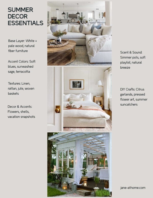Ready to give your home a light and breezy summer refresh? These simple summer decorating ideas bring a bright, beachy, and relaxed vibe to every room -- featuring coastal textures, fresh flowers, soft white walls, and sunwashed tones. Perfect inspiration for summer home decor, coastal interiors, and effortless seasonal style! #summerdecor #coastalstyle #homedecorideas