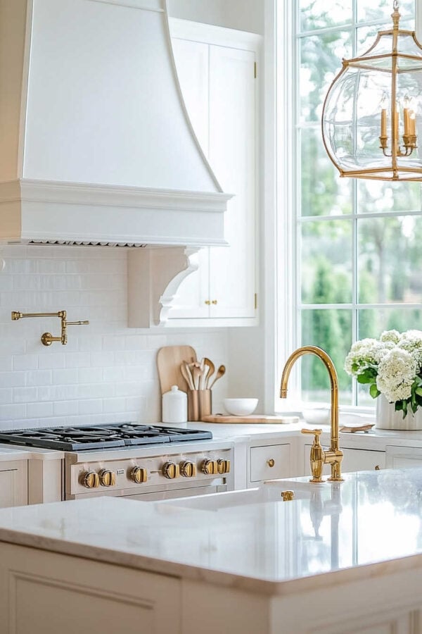 Elegant warm white kitchen design with brass faucet and light fixture and white hydrangeas - East coast summer - Hamptons style - Jane at Home
