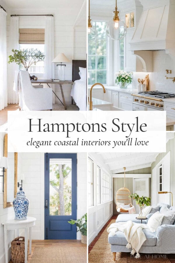 How to bring the timeless beauty of Hamptons style interior design to your home, with decor ideas and designer inspiration for the kitchen, living room, bedroom, bathroom, entryway, outdoors, and more!