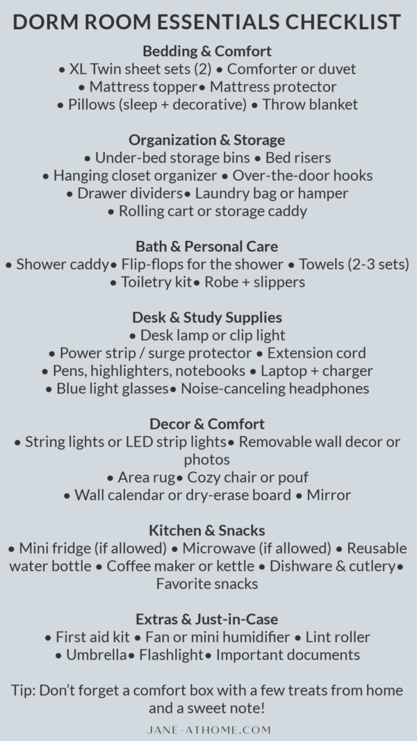 College Dorm Room Essentials Checklist - Jane at Home