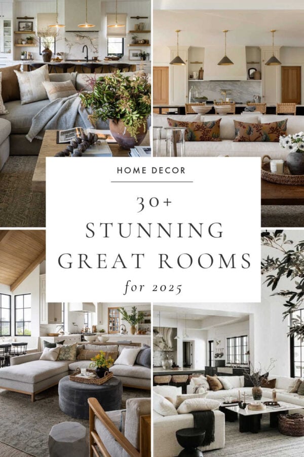 How to design and decorate a great room with ease! Learn what a great room is, explore decorating tips for open concept living, and get inspired by beautifully styled great rooms in coastal, modern farmhouse, and transitional styles.