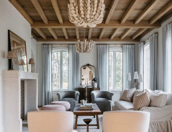 Love this beautiful warm neutral living room design with a wood ceiling treatment - kate marker interiors