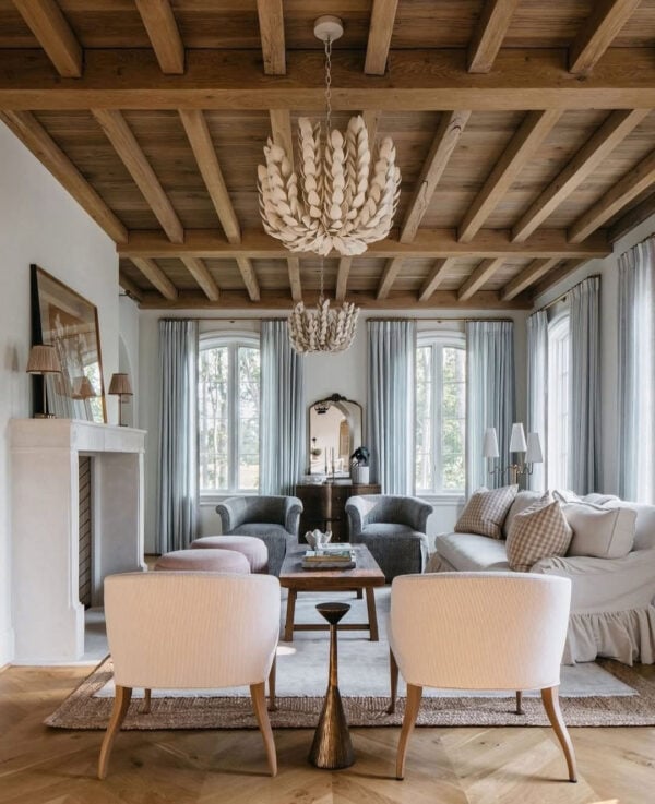 Love this beautiful warm neutral living room design with a wood ceiling treatment - kate marker interiors