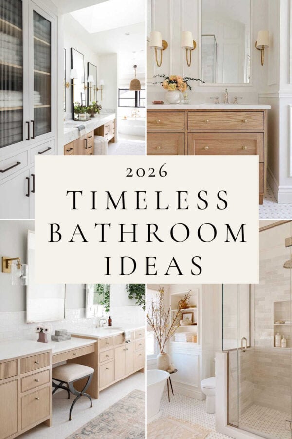 Beautiful bathroom design and decor ideas for 2026, with timeless small and master bathroom designs, elegant warm neutral bathrooms, master bath remodel inspiration, vanity trends, modern coastal style bathrooms, statement powder rooms, shower tile combination ideas, narrow bathrooms, and more!