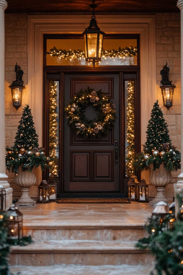 An elegant Christmas front porch with evergreen and boxwood topiaries and lanterns filled with candles and shimmering fairy lights