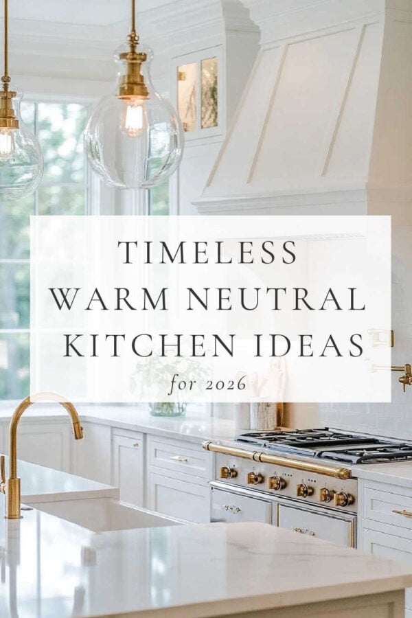 Beautiful warm white kitchen ideas, timeless neutral paint colors, and stylish designer inspiration for cabinetry, backsplashes, mixed metals, and kitchen remodels.