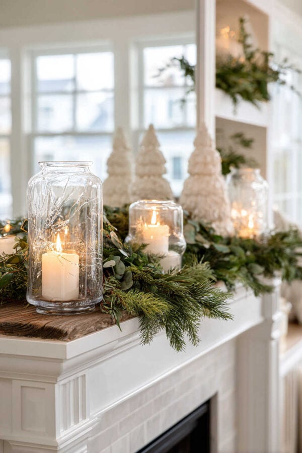 An elegant neutral Christmas mantel decorated with evergreen and eucalyptus boughs, hurricane candle holders, glowing candles, and white Christmas trees