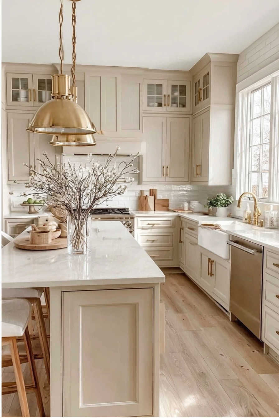 Love this warm neutral kitchen design with brass accents