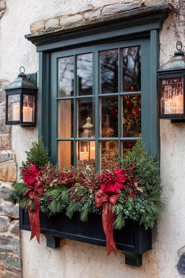 Beautiful Christmas porch decorating ideas for 2025, with wreaths, planters, lights, garlands, window box inspiration, and outdoor decor to bring a welcoming touch of the holiday season to your front door and home!
