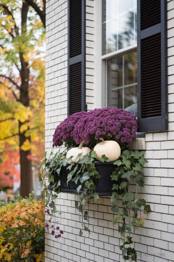 Fall window box with mums and pumpkins - Jane at Home