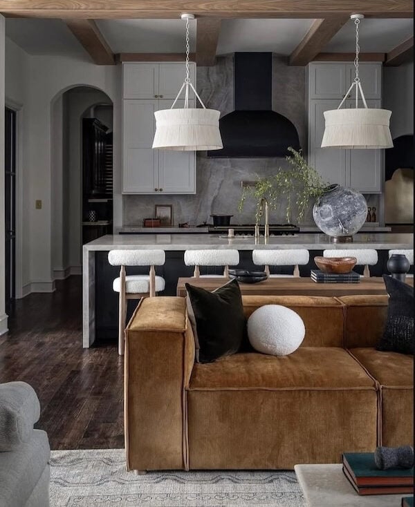 Love this beautiful organic modern living room and open kitchen design featuring a warm neutral color palette - ashley martin home