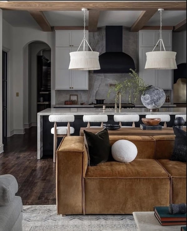 Love this beautiful organic modern living room and open kitchen design featuring a warm neutral color palette - ashley martin home