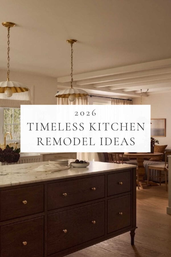 Beautiful kitchen remodel ideas for 2026, with layout inspiration, timeless warm white kitchens, European farmhouse style, cabinet trends, lighting, islands, mixed metal finishes, and more.