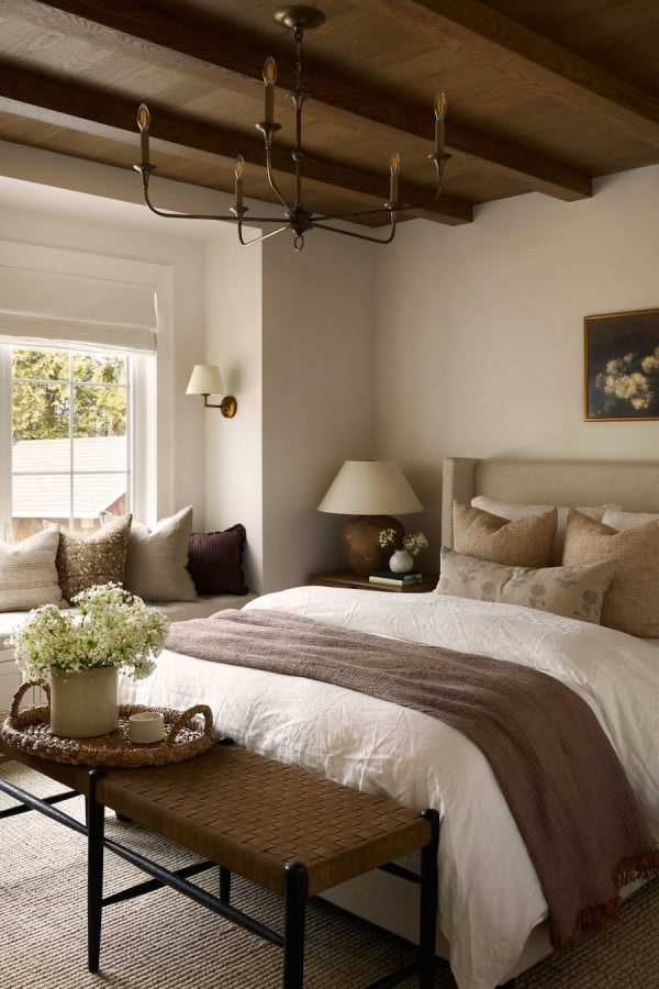 Love this beautiful warm neutral bedroom design with an earthy cottage style aesthetic