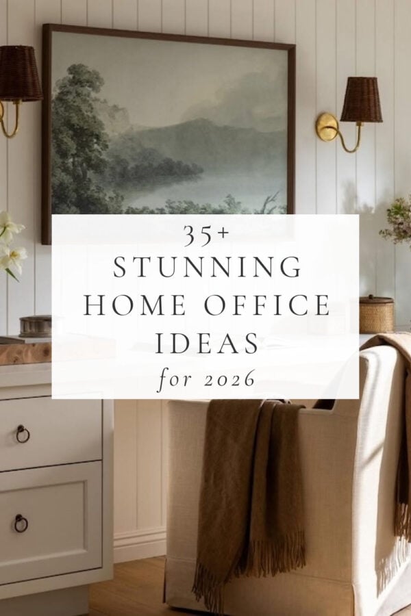 Dozens of stunning home office decor ideas for 2026, with designer inspiration photos and tips on how to design, set up, organize, and decorate a beautiful and functional home office, work space, homeschool room, teen homework area, or bedroom desk.