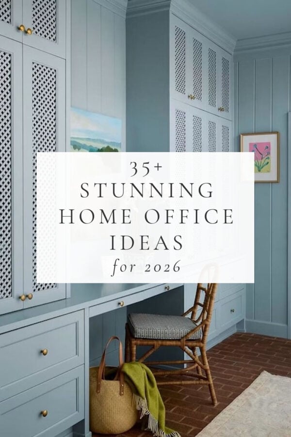 Dozens of stunning home office decor ideas for 2026, with designer inspiration photos and tips on how to design, set up, organize, and decorate a beautiful and functional home office, work space, homeschool room, teen homework area, or bedroom desk.