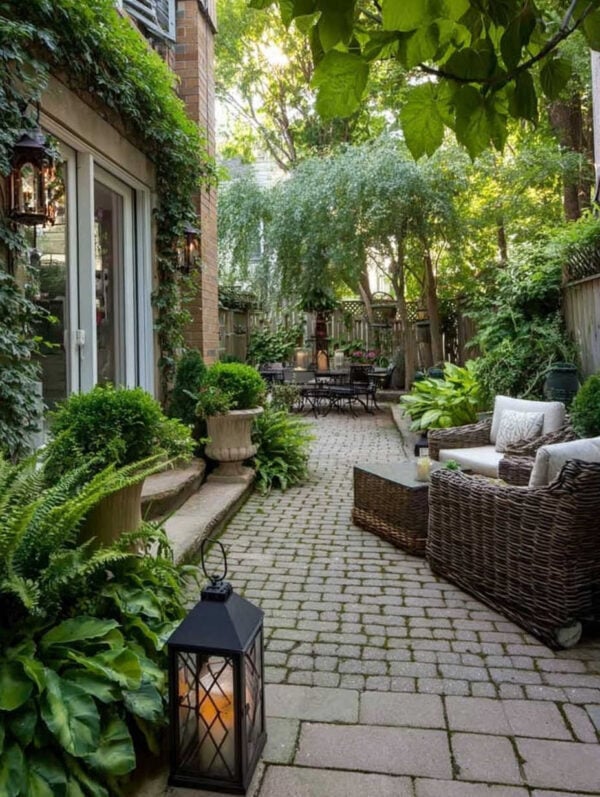 Beautiful backyard oasis with lush landscaping and outdoor seating, flower pots and planters - jane at home