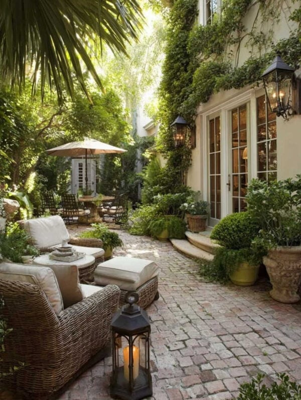 Beautiful backyard oasis with lush landscaping and outdoor seating, flower pots and planters - jane at home