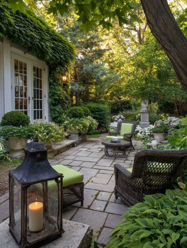 Beautiful backyard oasis with lush landscaping and outdoor seating, flower pots and planters - jane at home