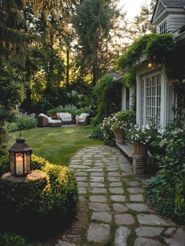 Beautiful backyard oasis with lush landscaping and outdoor seating, flower pots and planters - jane at home