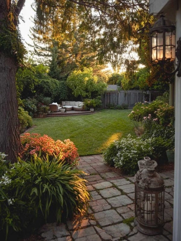 Beautiful backyard oasis with lush landscaping and outdoor seating, flower pots and planters - jane at home