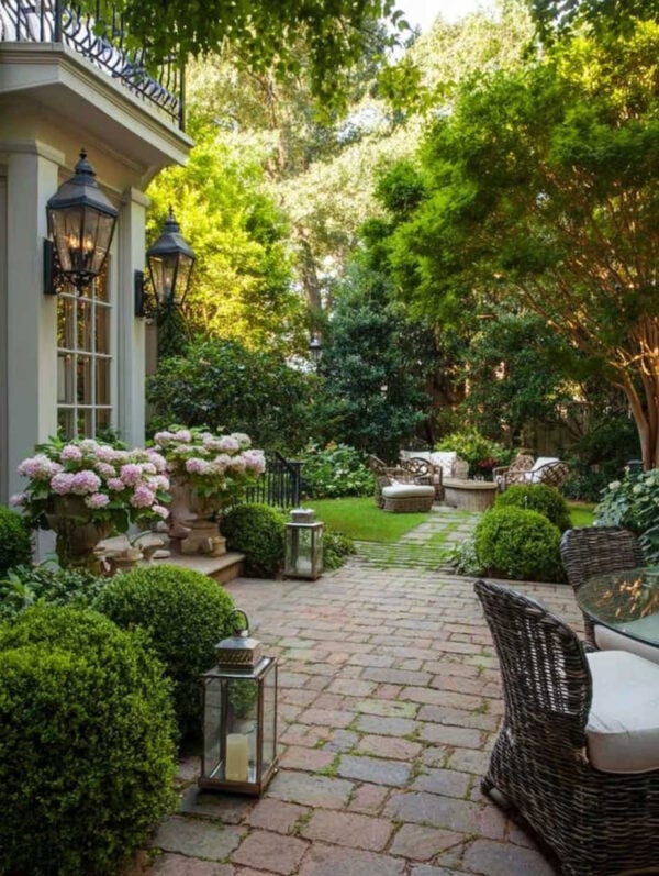 Beautiful backyard oasis with lush landscaping and outdoor seating, flower pots and planters - jane at home